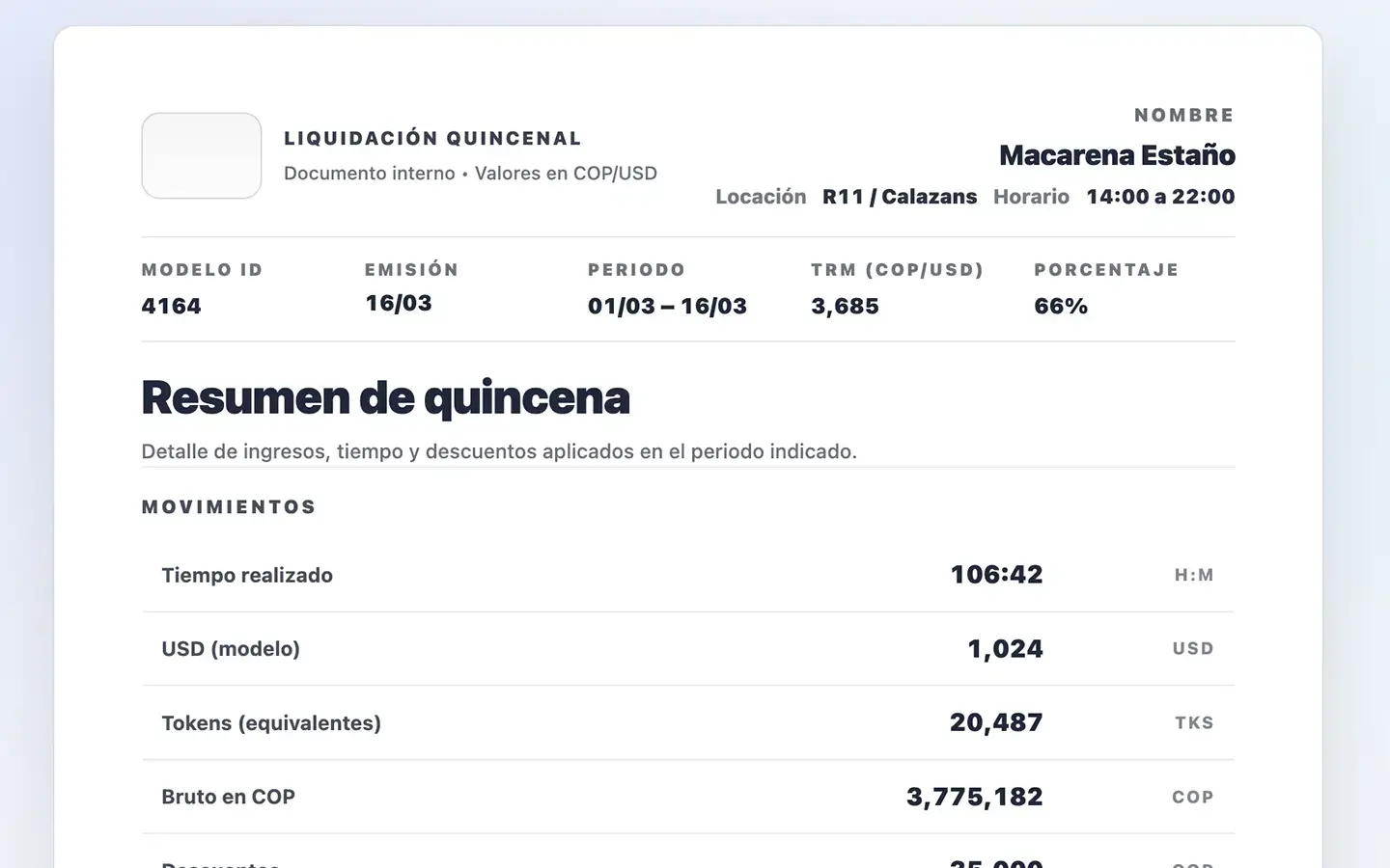 liquidación quincenal y pagos configurables